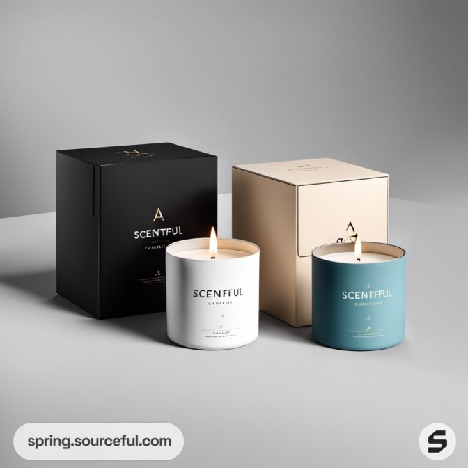 Two candles in boxes, one teal, one white, on gray background.