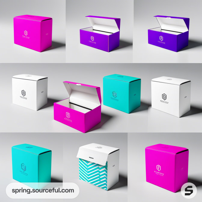 Collage of colorful square boxes, including pink, teal, and white with various logo designs.