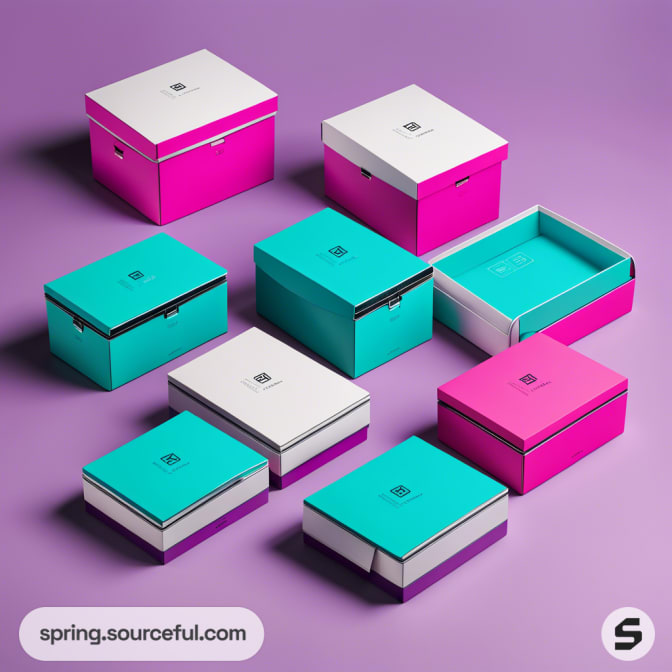 Colorful rigid boxes in aqua, pink, and white on purple surface.