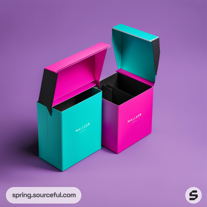 Pink and teal mailer boxes with open lids on a purple background.
