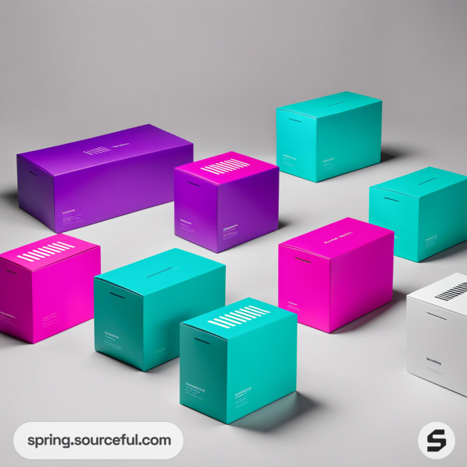 Colorful mailer boxes in teal, purple, pink, and white arranged on a neutral background.