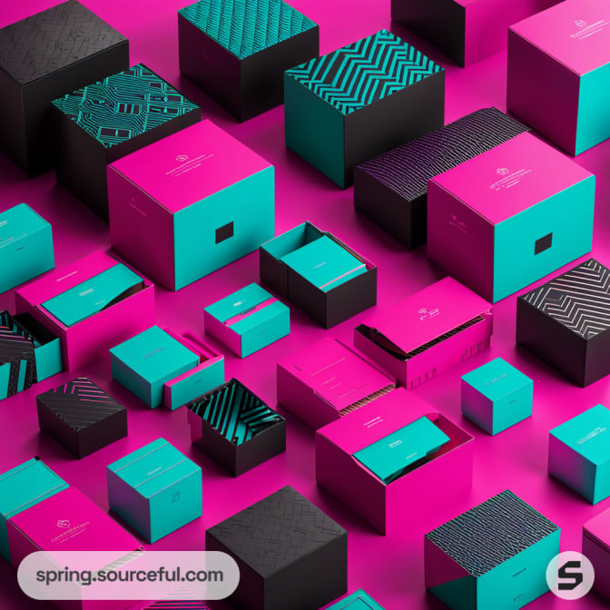 Bright pink and teal boxes with geometric patterns on a pink background.