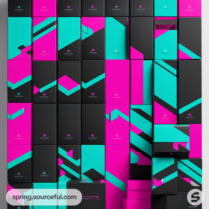 Stacked black boxes with vibrant pink and turquoise geometric patterns.