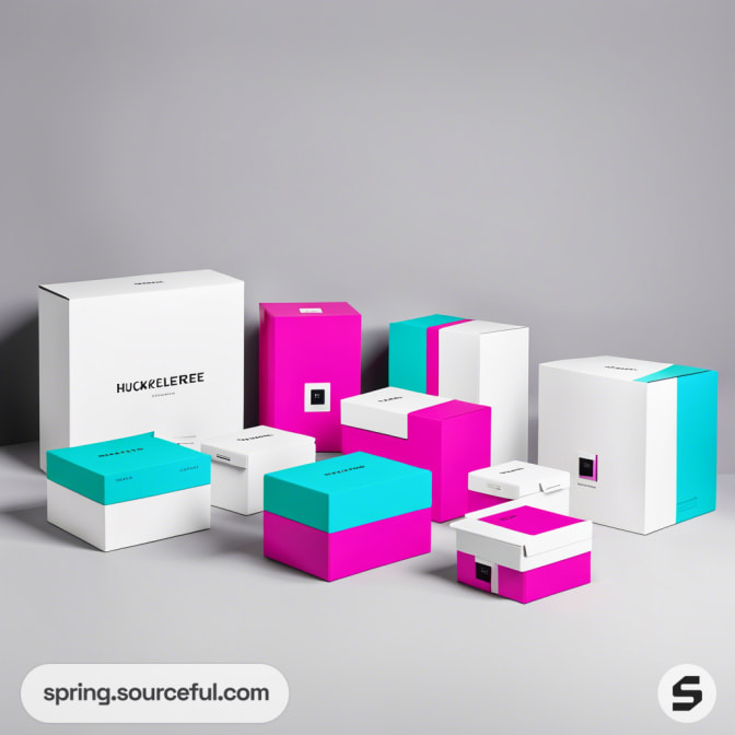 Assorted pink, turquoise, and white boxes with various sizes on a gray background.