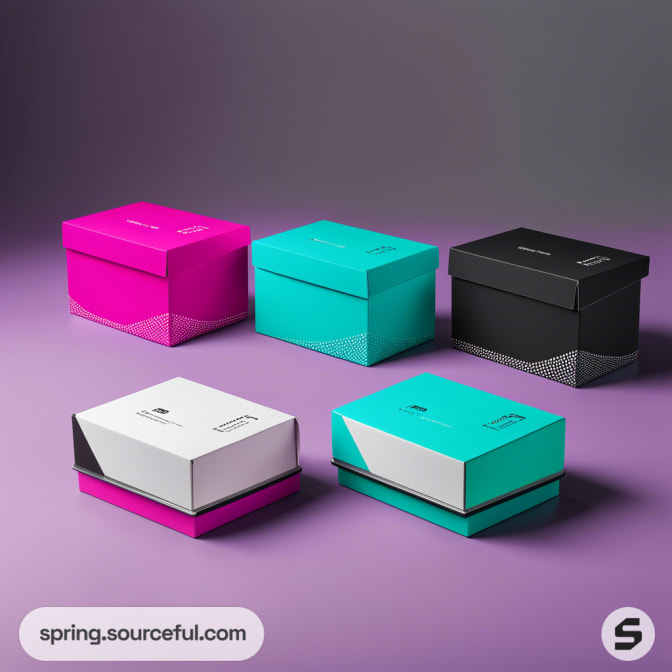 Colorful cardboard boxes with various designs on a purple surface.