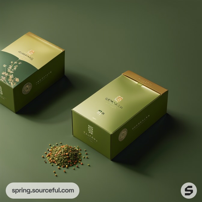 Two flat green boxes with beans spilling out on a green surface.