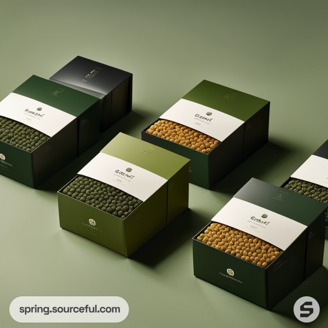 Boxes with transparent tops displaying green and yellow beans.