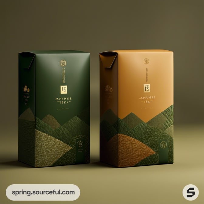 Two upright boxes with mountain patterns in green and brown.