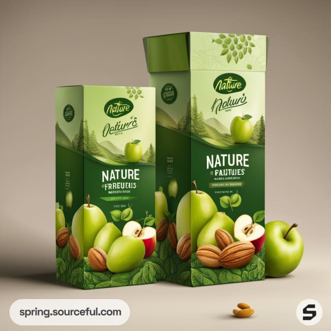 Green and brown matte boxes with apple and almond illustrations.