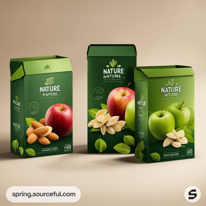 Dark green boxes with apples, almonds, and pistachios illustrations.