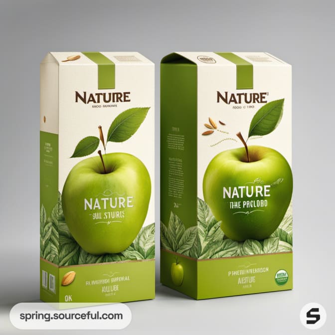 Matte boxes with apples, leaves, and almonds imagery.