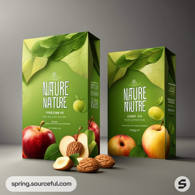 Two green packages with apples, walnuts, and leaves design.