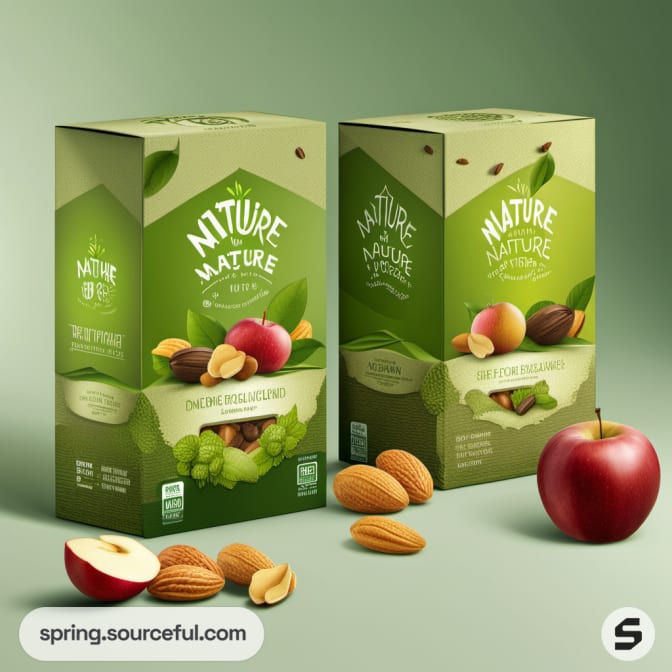 Green boxes showing apples, almonds, and leaves artwork.