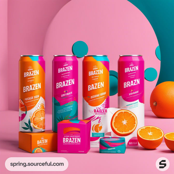 Colorful cans and boxes with fruit illustrations on a pink background.