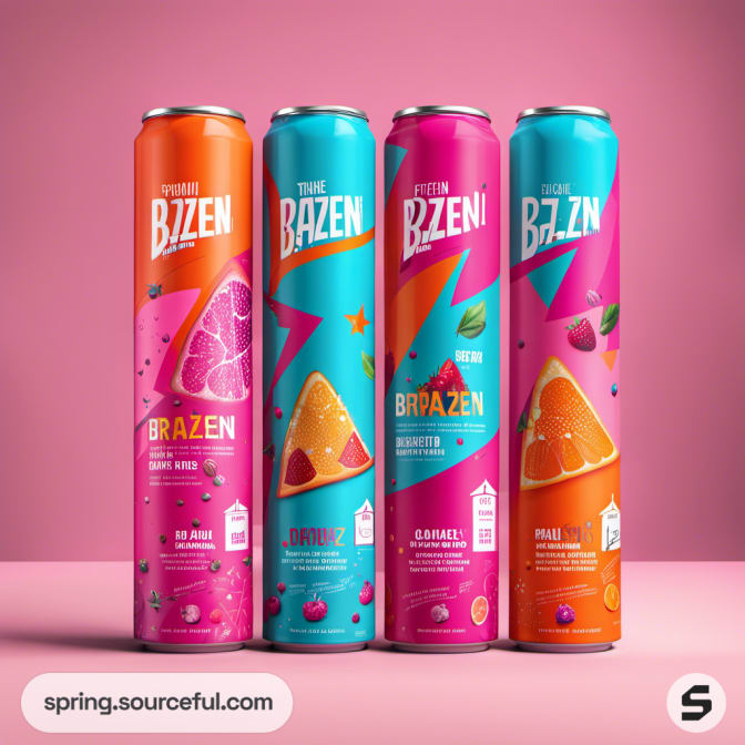 Tall cans with bright fruit designs on a pink backdrop.