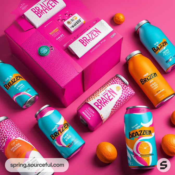 Array of colorful cans and packaging on a pink surface.