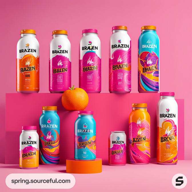 Multicolored drinks and packaging against a pink background.