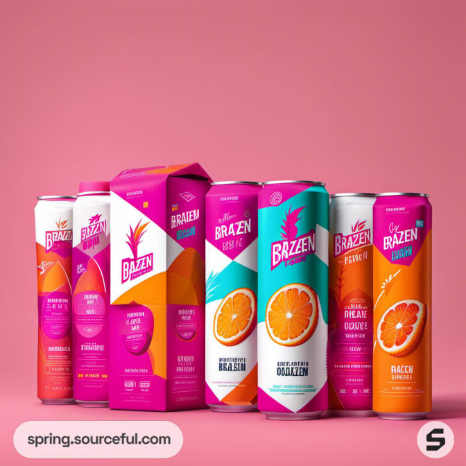 Various drink cans and boxes with bold, bright designs.