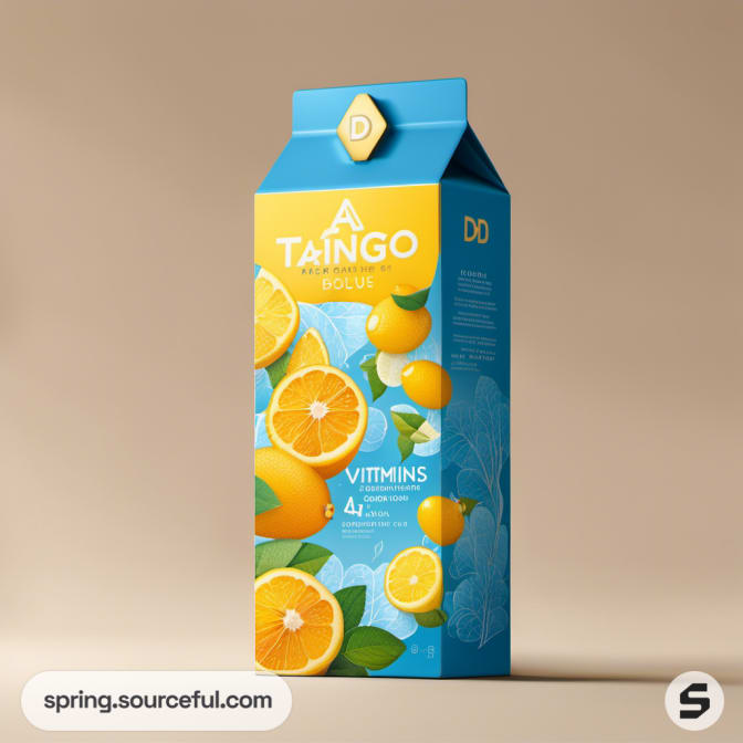 Carton box featuring colorful citrus graphics and blue tones with a D lettermark.