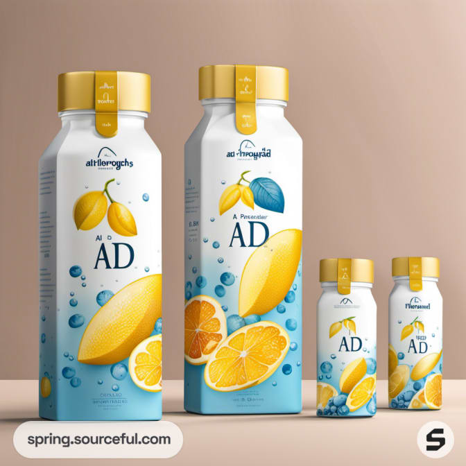 Bottles with colorful fruit illustrations, yellow caps, and a mix of large and small sizes.