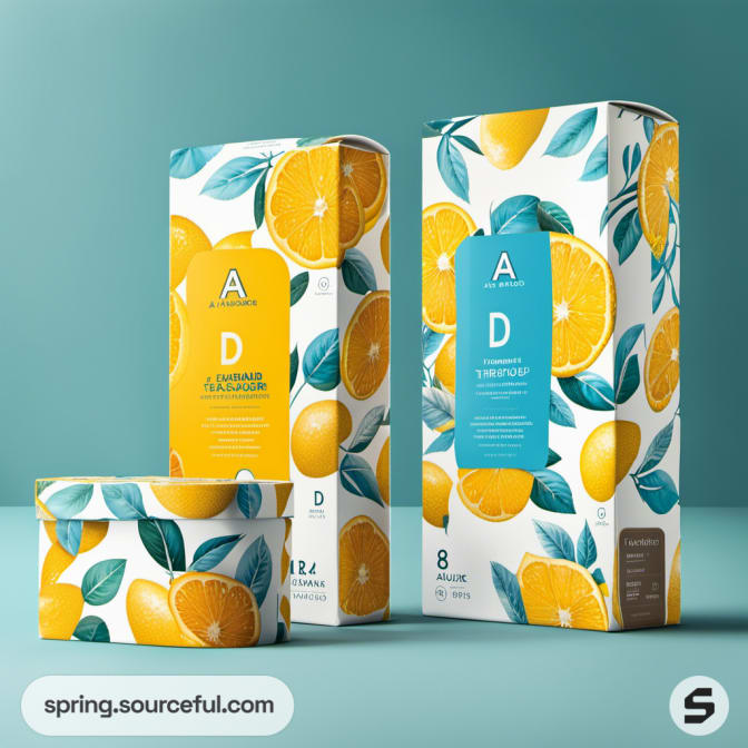 Citrus-themed packaging with orange graphics, teal background, and white rectangular boxes.