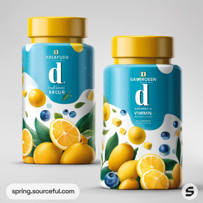 Cylindrical bottles with lemon and fruit graphics, blue and yellow labeling, on white background.