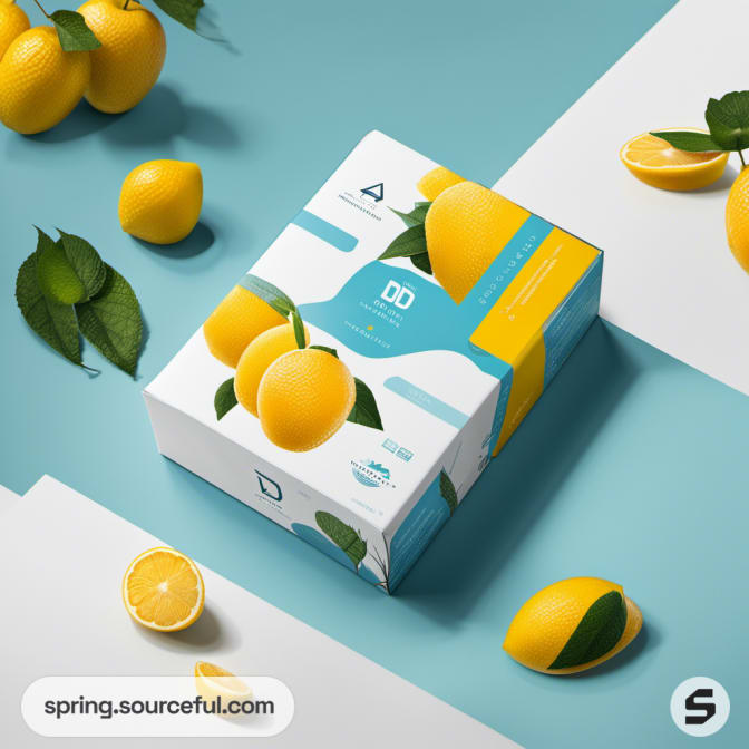 Box packaging with lemon graphics, blue accents, and a teal background with whole fruits.