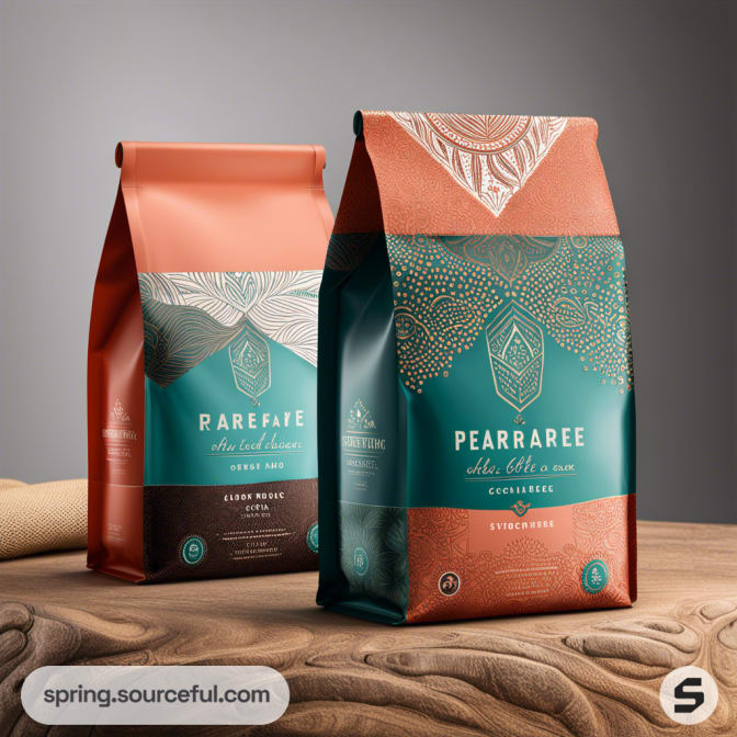 Two coffee bags in coral and teal with intricate patterns and a wooden background.