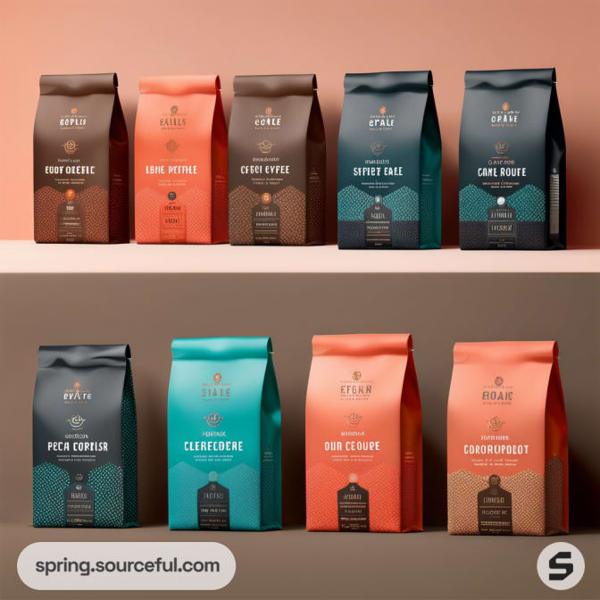 Eight coffee bags in various colors on a two-tone backdrop.