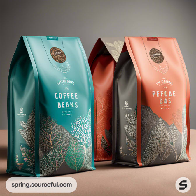 Two colorful coffee bean bags with leaf patterns in teal and coral.