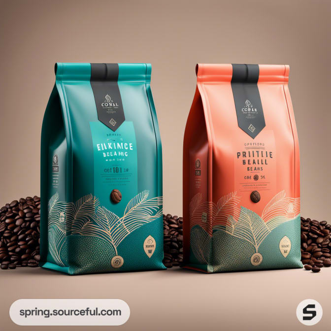 Two coffee bags in teal and coral with leaf illustrations and coffee beans.