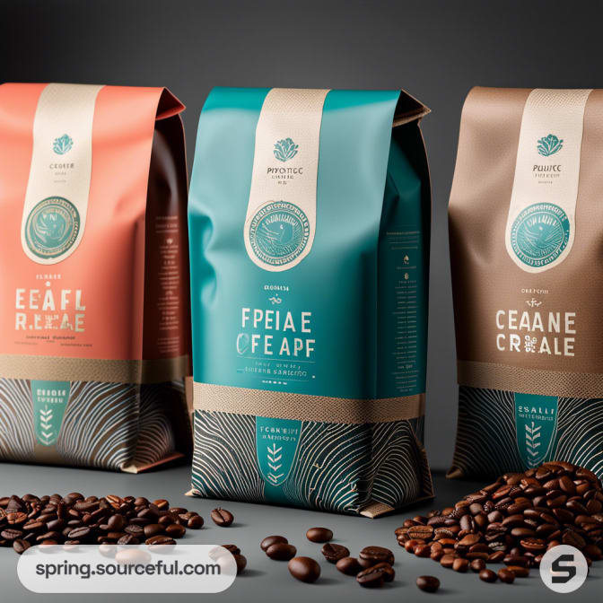 Three coffee bags in peach, teal, and brown with curved lines and coffee beans.