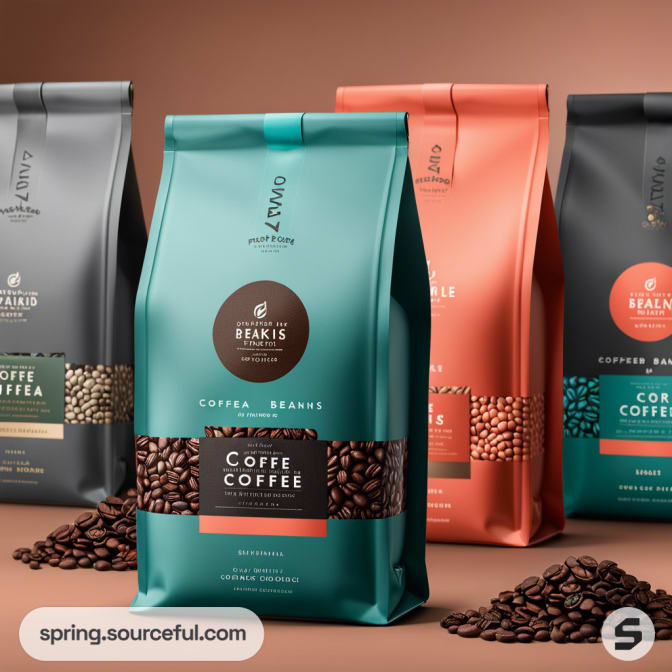 Four coffee bags in black, teal, coral, and gray with coffee beans.