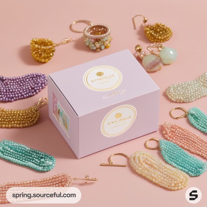 Pastel-colored jewelry box with beaded earrings on pink background.
