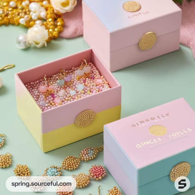 Open boxes with pastel earrings and beads on green and pink surfaces.