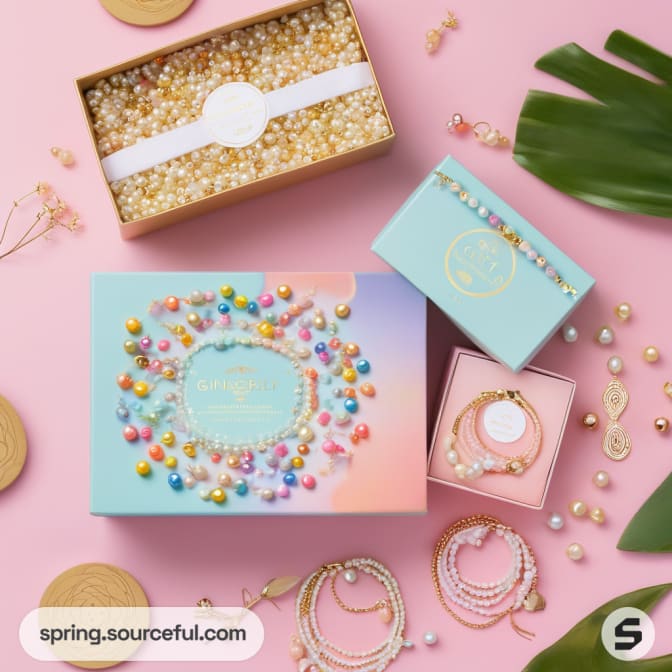 Colorful jewelry boxes with beads and accessories on pink backdrop.