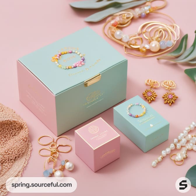 Pastel jewelry boxes and accessories with leaves on pink surface.