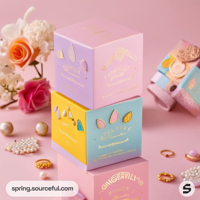 Stacked decorative boxes with floral background and jewelry.