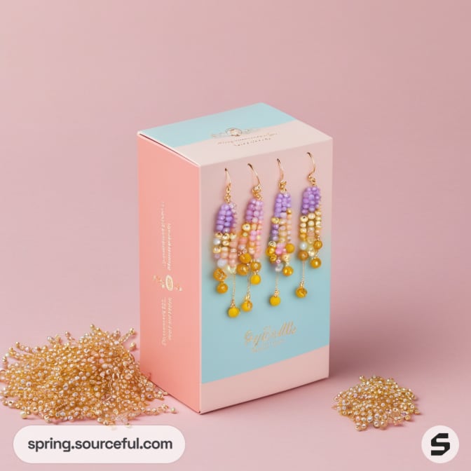 Box with hanging beaded earrings and loose beads on pink surface.