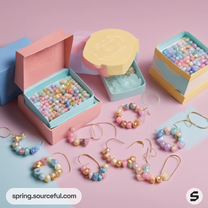 Open boxes with pastel beads and earrings on pink backdrop.