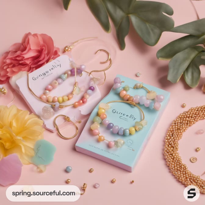 Bracelet and earring sets on cards with flowers and beads on pink surface.