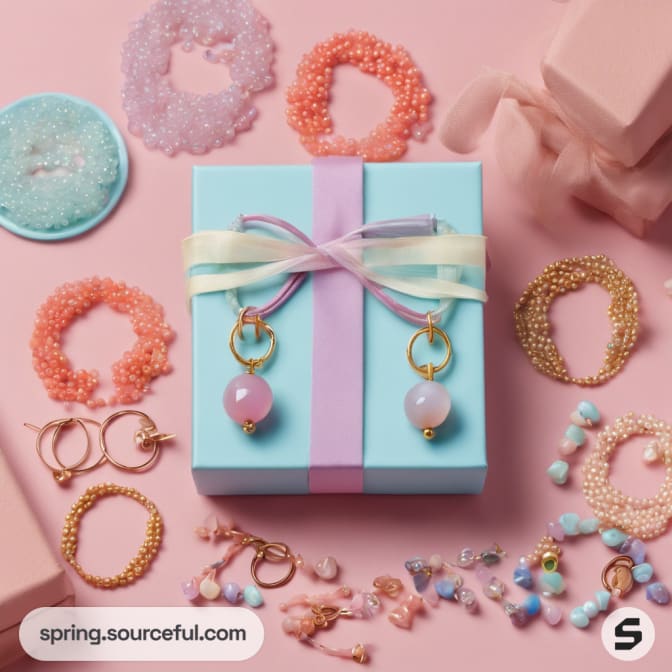 Blue gift box with earrings, surrounded by beads on colorful background.