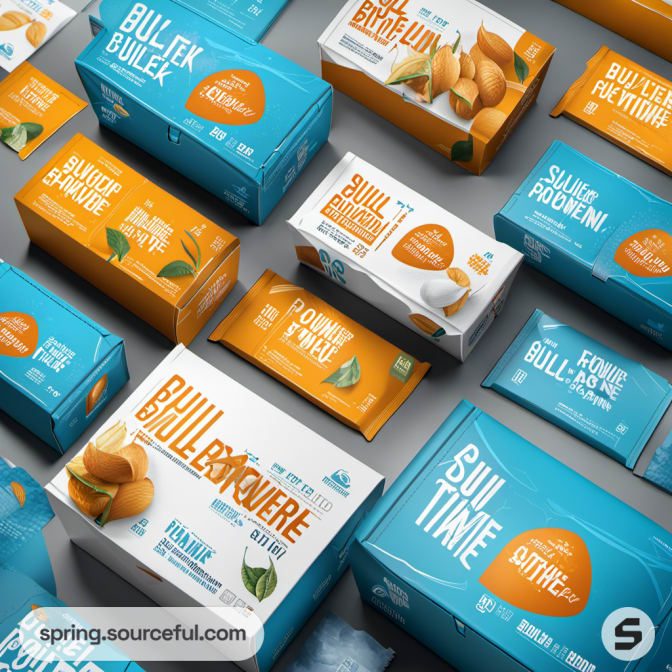Orange and blue protein snack bar packaging on gray background.