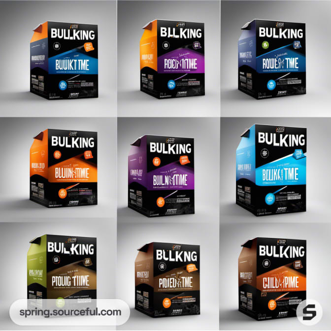 Grid of nine BULKING product boxes with various colors and labels.