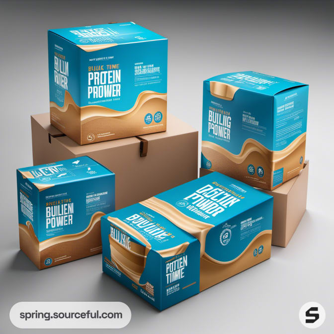 Stacked blue BULIKING POWER boxes with beige accents on cartons.