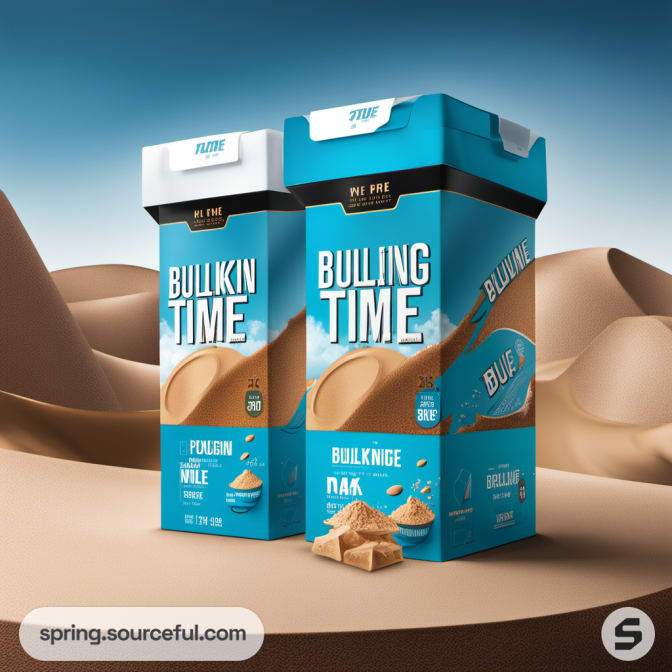 Blue BULKING TIME cartons with desert landscape design.