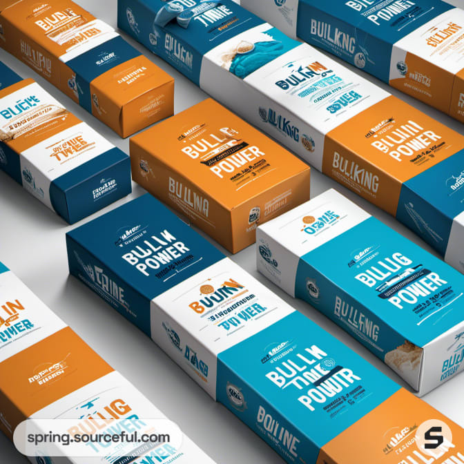Assorted orange, blue, and white BULIKING TIME boxes.