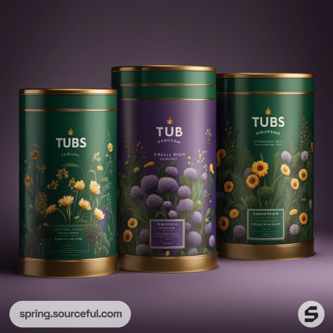Three tall cylindrical tins in green and purple with floral designs and gold accents.