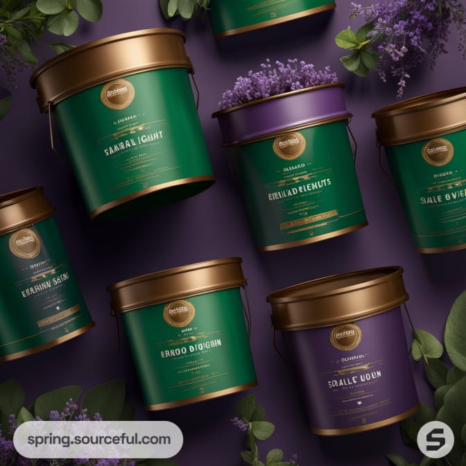 Assorted cylindrical and bucket-shaped tins in green and purple with gold lids, surrounded by foliage.