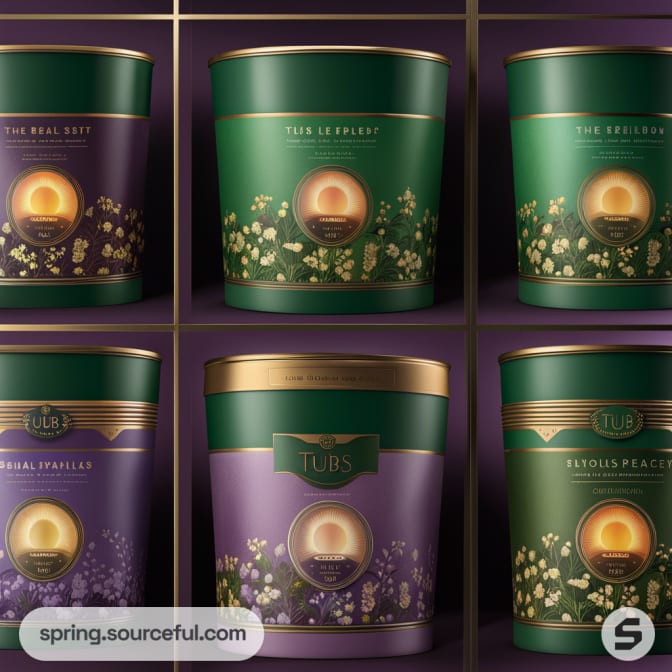Grid of tins in green and purple with floral patterns and gold lids on a purple background.
